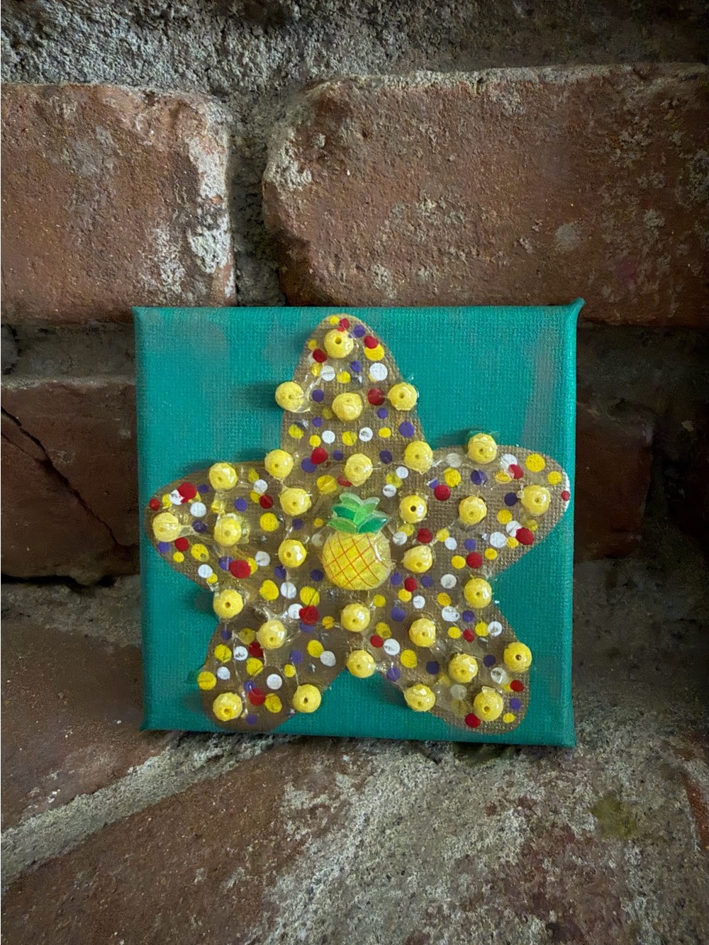 Art by 𝙴𝚕𝚕𝚊 𝙻𝚘𝚜𝚝 Pineapple Starfish Painting Canvas 4X4 Mixed Media Mermaidcore